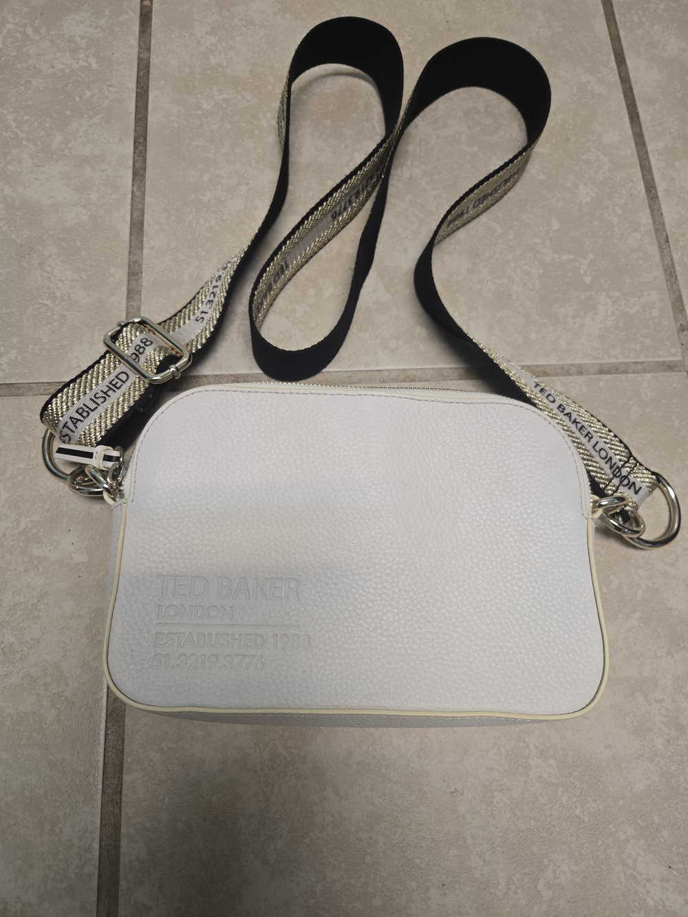 Ted Baker White Pebbled Crossbody with Branded Black & Gold Strap